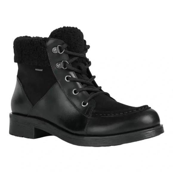 Geox Waterproof Rawelle ABX Leather Combat Ankle Boots Faux Fur Black Size 7 NWT - Picture 2 of 15